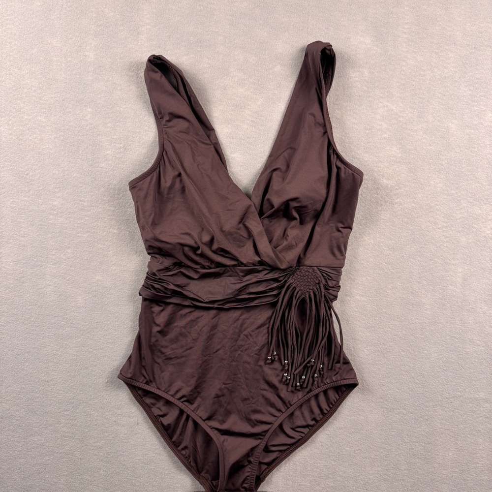 Badgley Mischka Brown One Piece Swimsuit Tassels Beading Ruching Size 10